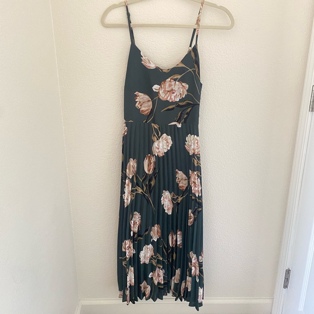 A New Day - Target - Pleated floral midi dress. Forest green with peonies